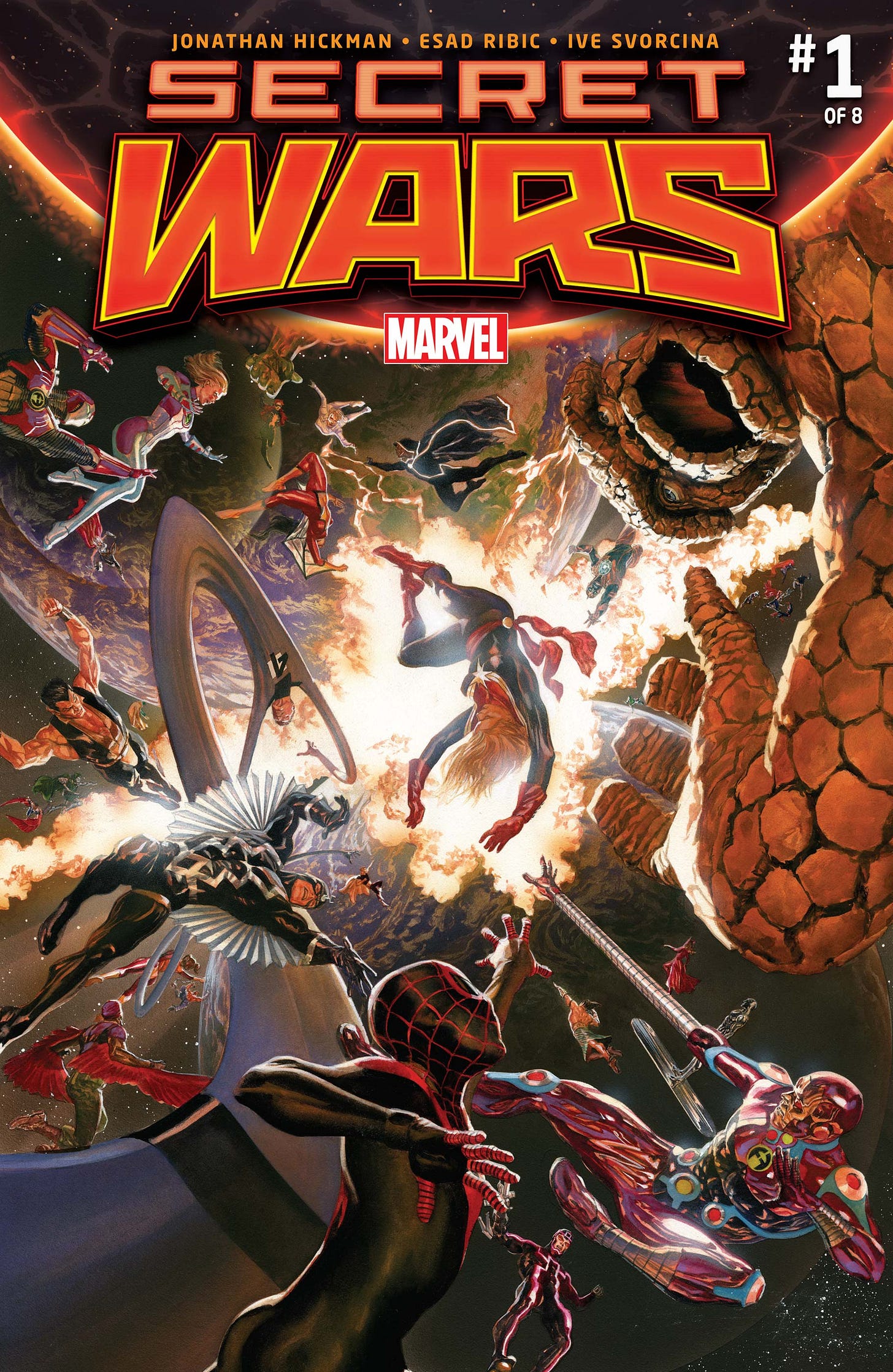 Cover of Marvel’s Secret Wars #1 (2015) showing heroes from two universes pulled toward a fiery cosmic collision.