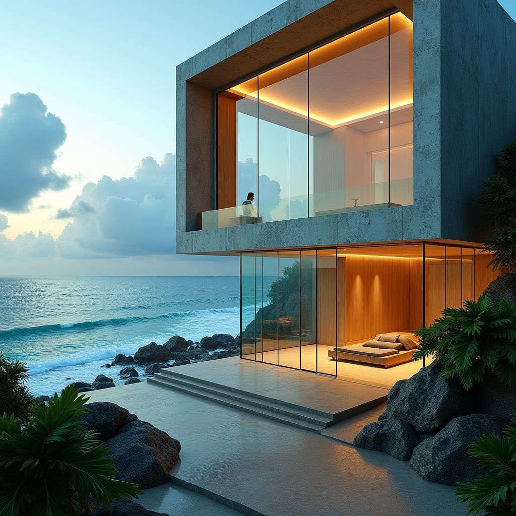 A colossal, modern glass-cubed foyer stands majestically on the windswept coastline of Ocho Rios, Jamaica, as turbulent waves crash against the rugged shore.