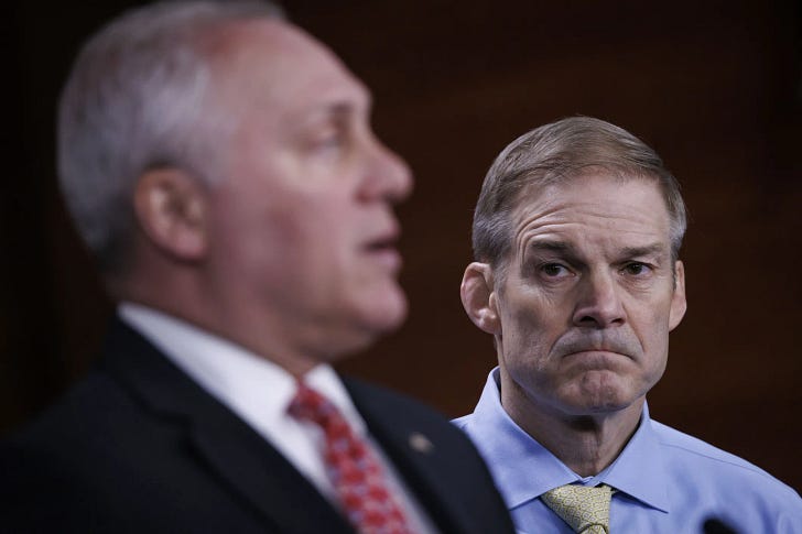 Failed candidates for the GOP latest two House Speaker bids Rep. Jim Jordan (right) and Rep. Steve Scalise (left), in April 2023. (Photo by Ting Shen/via Getty Images