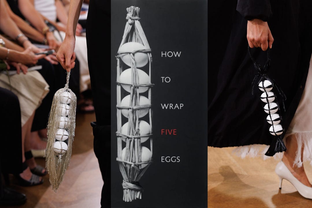 Two Kallmeyer models carrying long beaded egg carriers, either side of the cover of How to Wrap Five Eggs
