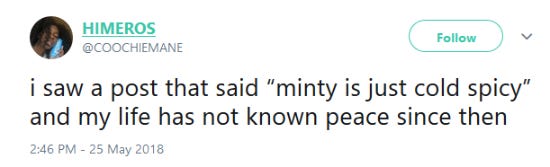 Screenshot of a funny tweet about the word minty Screenshot of a funny tweet about the word minty