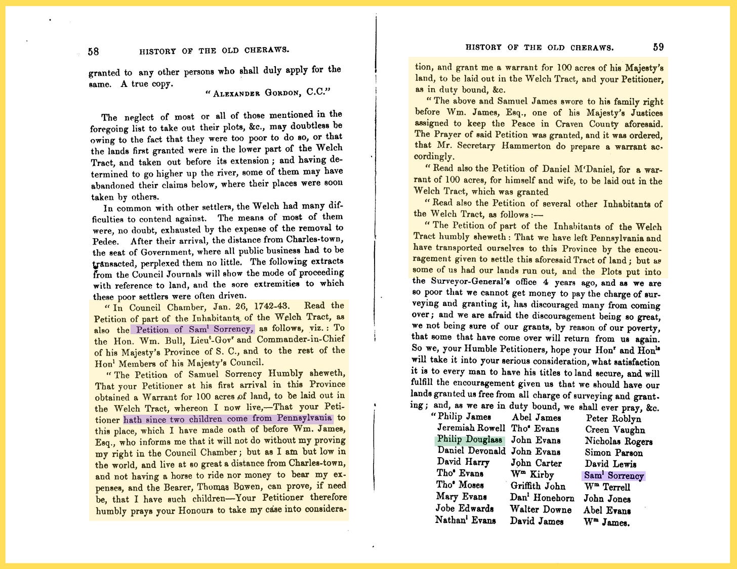 Scanned pages showing a 1742–43 petition with highlighted passages, and a three-column list of signers' names including Sam Sorrency and Philip Douglass. Scanned pages showing a 1742–43 petition with highlighted passages, and a three-column list of signers' names including Sam Sorrency and Philip Douglass.