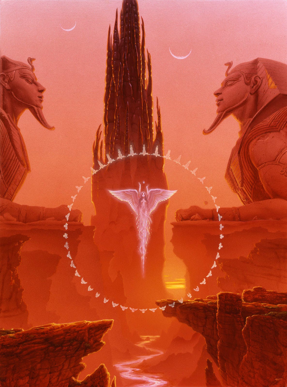 An angel with wings spread in flight reaches up to a glowing teardrop shape. The bottom half of her is rendered in abstraction—spiraling like the flutes of a chandelier—as if she's just materialized. A circle surrounds her made of tiny morphing figures that range from birds to humans, the curve connecting via arms and wings spread. There is a Egyptian Sphinx set to each side of her while rising behind her is a mountain spire made of glassy projections reminiscent of stalagmites. Two upward facing crescent moons hang in the sky balancing the off-center position of the spire. A glowing river winds through the canyon below. An angel with wings spread in flight reaches up to a glowing teardrop shape. The bottom half of her is rendered in abstraction—spiraling like the flutes of a chandelier—as if she's just materialized. A circle surrounds her made of tiny morphing figures that range from birds to humans, the curve connecting via arms and wings spread. There is a Egyptian Sphinx set to each side of her while rising behind her is a mountain spire made of glassy projections reminiscent of stalagmites. Two upward facing crescent moons hang in the sky balancing the off-center position of the spire. A glowing river winds through the canyon below.