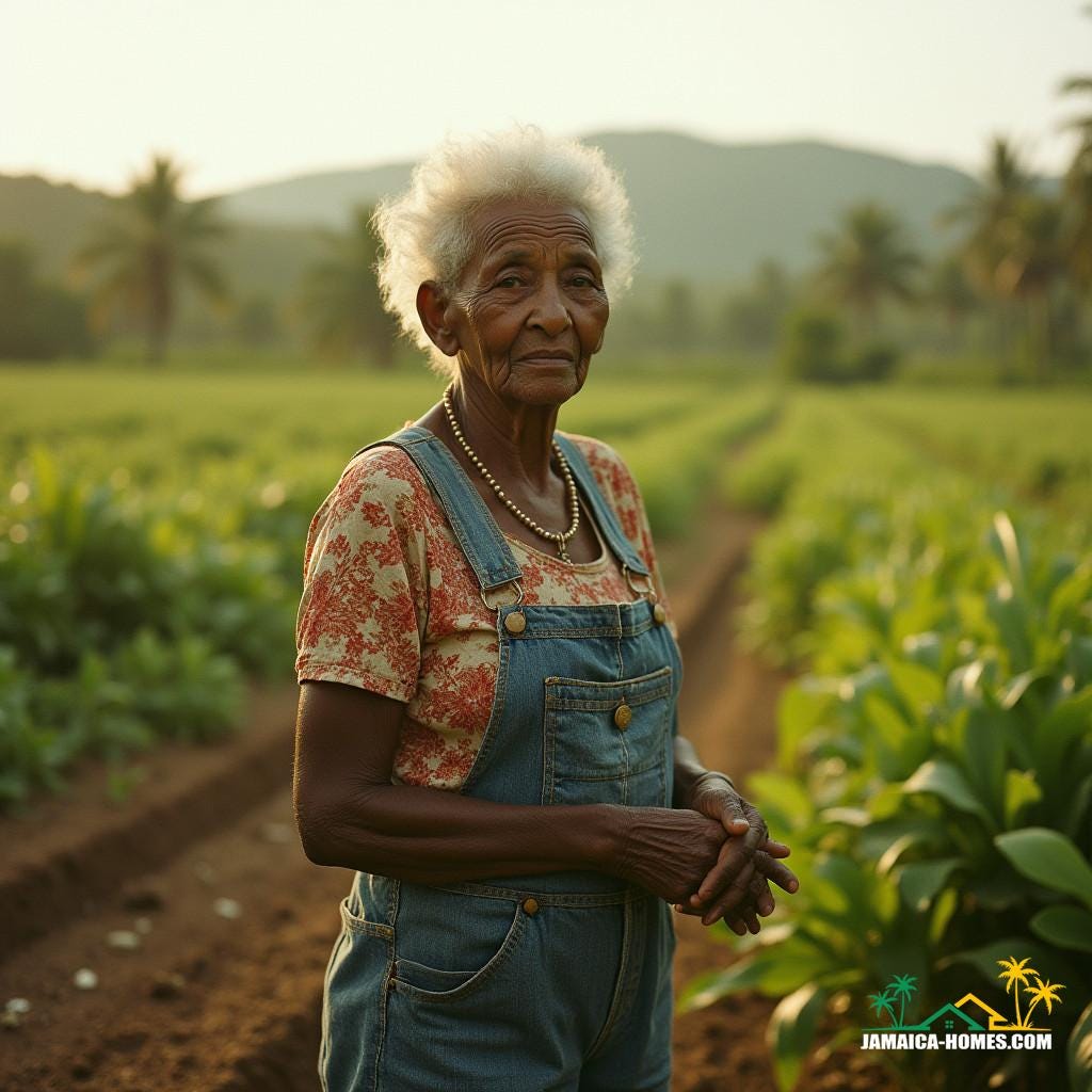 An elderly Jamaican woman, her weathered face a testament to years of hard work, stands proudly in front of her lush Caribbean land, worn denim overalls and a faded floral blouse a reflection of her simple, rustic life.