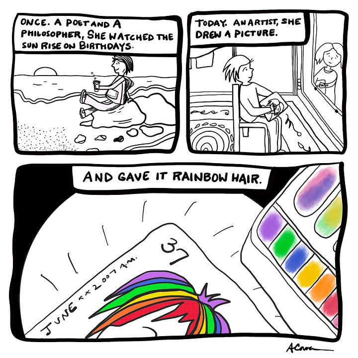 Rainbow hair cartoon panels, 2007 and 2023, A. Cowen