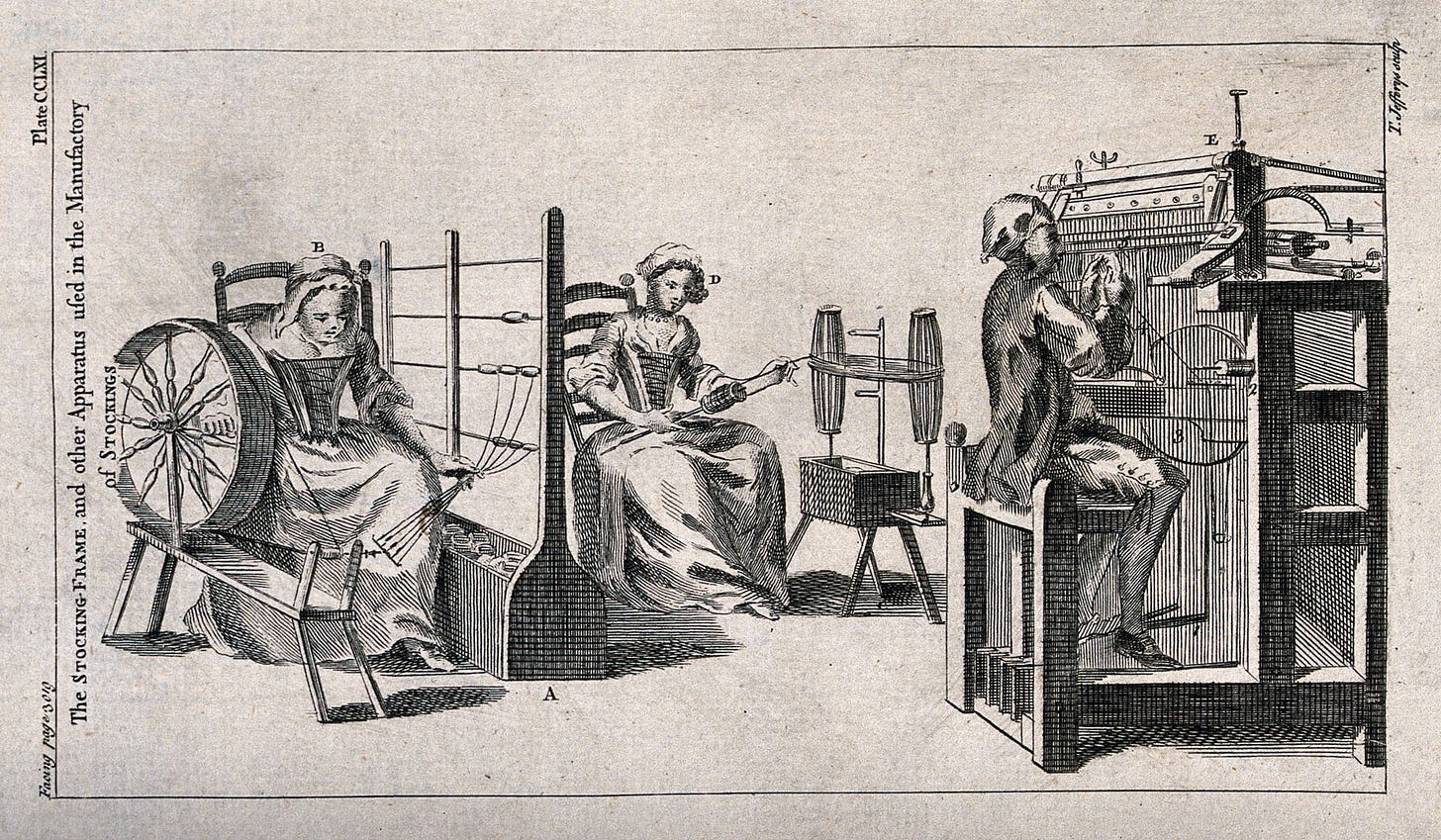Engraving showing a spinning wheel on the left and a stocking frame on the right, with a figure operating each machine.