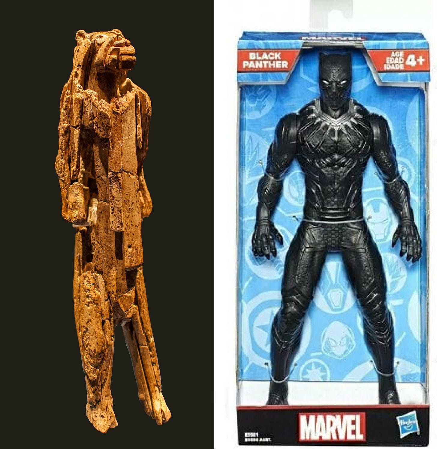Left, Der Löwenmensch, the lion person figurine, over 30,000 years old Dagmar Hollmann / Wikimedia Commons (license: CC BY-SA 4.0); right a similar figurine, available at Toytown