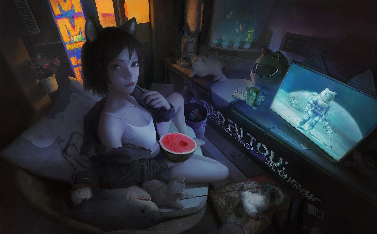 Anime 3107x1930 watermelons cat ears anime anime girls animal ears cats toys sitting monitor AnE