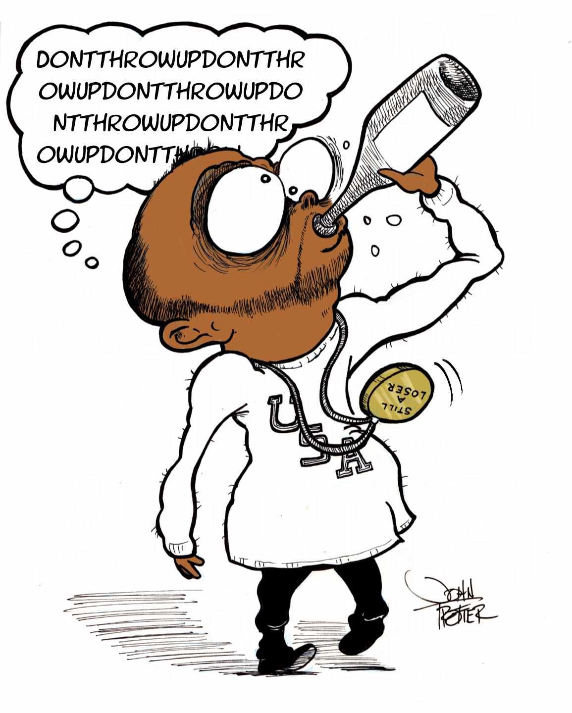 Ink and digital cartoon of Kash Patel chugging a bottle and trying no to throw up. Ink and digital cartoon of Kash Patel chugging a bottle and trying no to throw up.