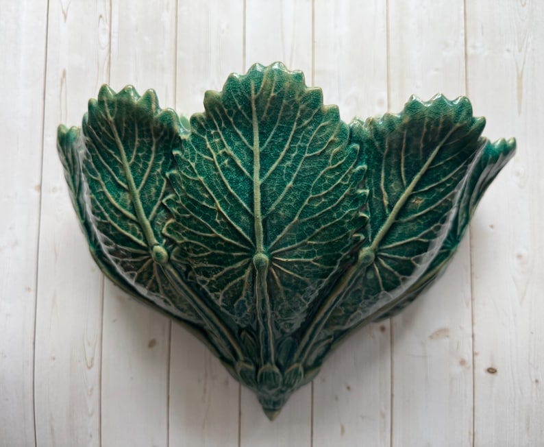 Vintage Green Ceramic Leafy Pattern Vase - Wall Pocket 1970s image 1