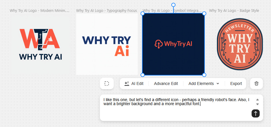Screenshot of Gensspark AI Designer showing multiple Why Try AI logo concepts, selected symbol logo, AI edit controls, and feedback prompt, highlighting new Genspark design features