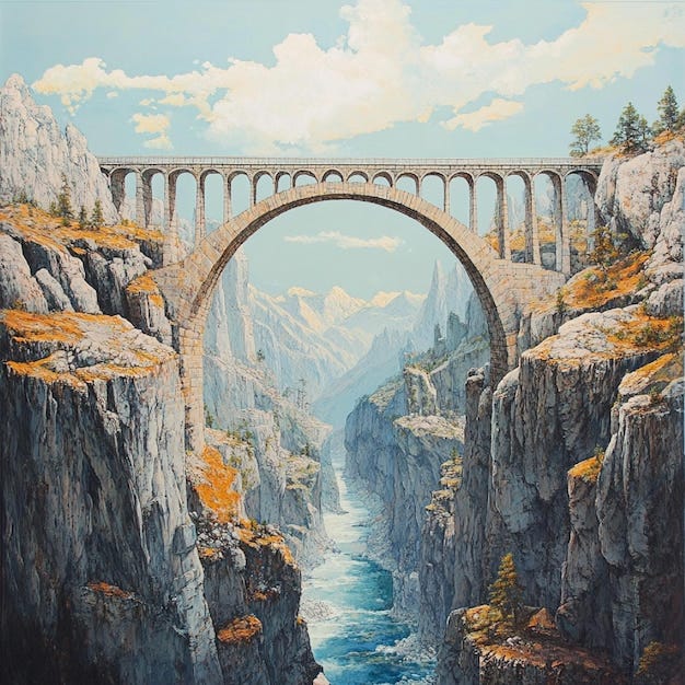 Bridge spanning a vast chasm with a scenic backdrop2 | Premium AI-generated  image