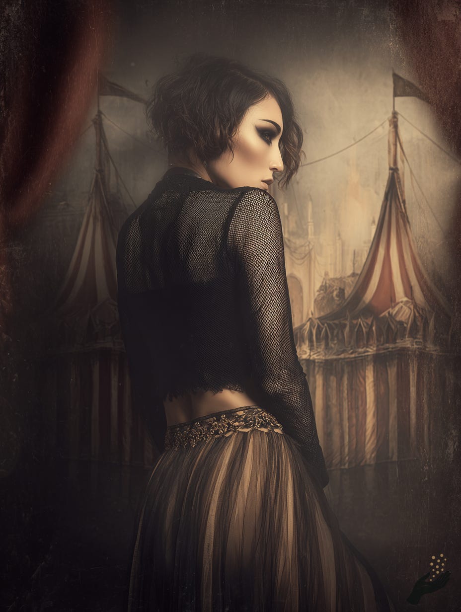 Moody surreal portrait of a woman looking over her shoulder with circus tents and warm fairground light behind her.