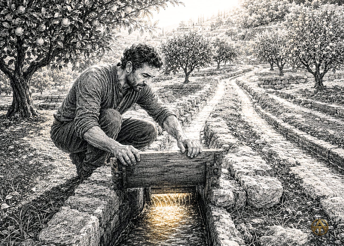 A farmer lifts a wooden irrigation gate as sunlit water flows into stone channels running through a terraced citrus orchard.
