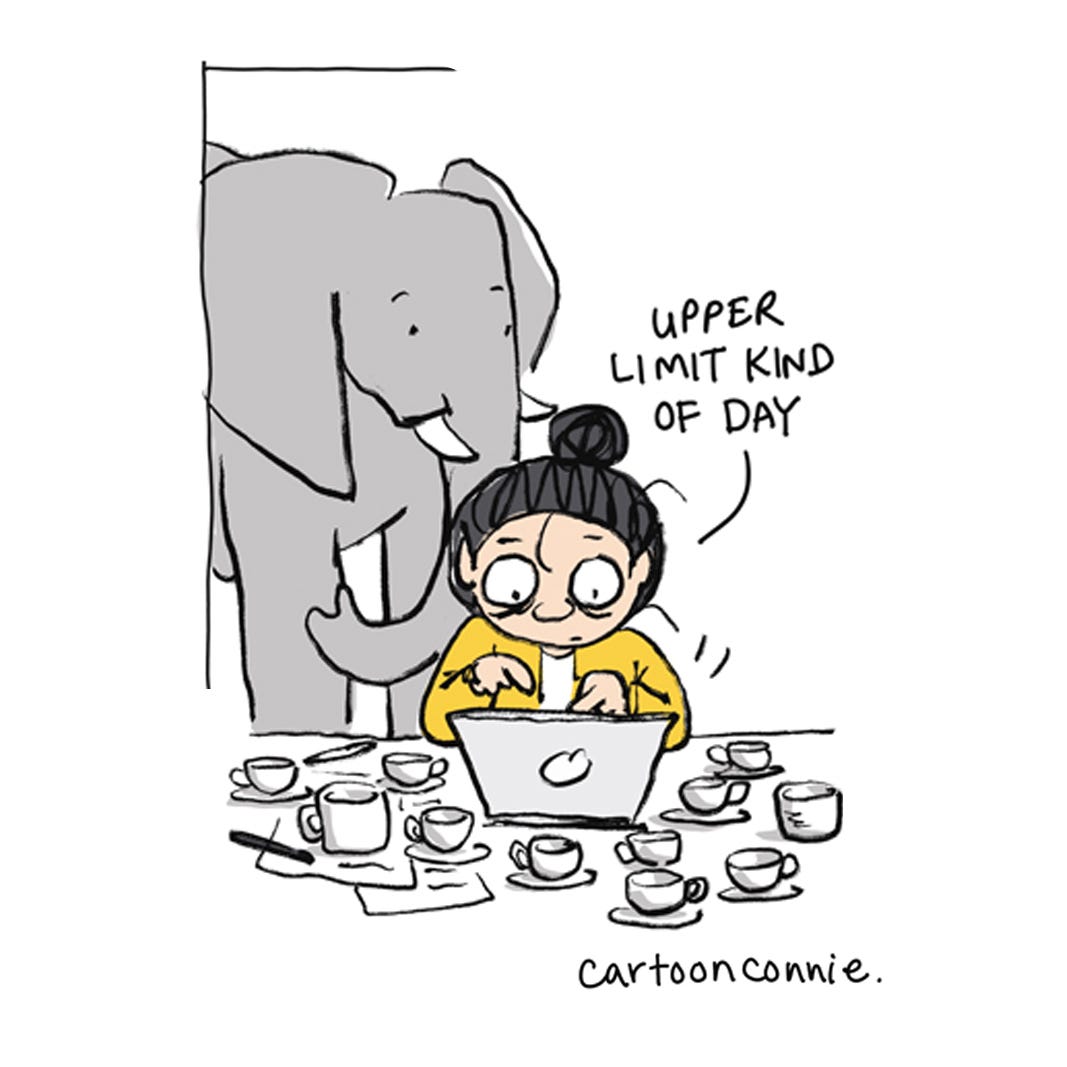 Illustration of a girl with a bun, working and surrounded with multiple cups and mugs, talking to an elephant. Excerpt from a comic strip titled "Pep Talk in a Cup," 2025. Original art by Connie Sun, cartoonconnie
