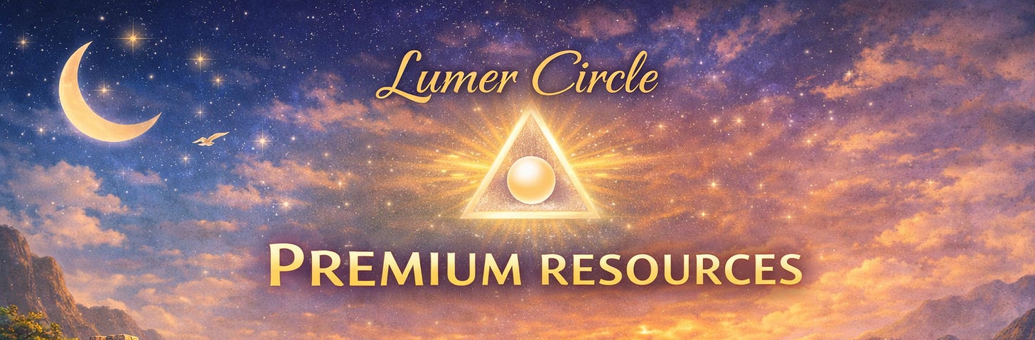 Banner image for “Lumer Circle Premium Resources” showing a glowing fantasy coastal scene at sunset. A crescent moon hangs in the upper left above a calm ocean with three distant pyramids on the horizon. In the center, a radiant triangle with a glowing orb shines above the words “Premium Resources,” with “Lumer Circle” written above. Stone steps, lanterns, flowers, crystal formations, and an open book frame the shoreline in warm gold, lavender, and blue tones.