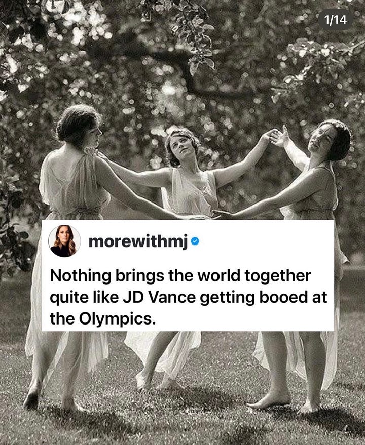 A post that reads "Nothing brings the world together quite like JD Vance geting booed at the Olympics" and another showing Google search results of MANY places Vance was booed, captioned "I should have been more specific"