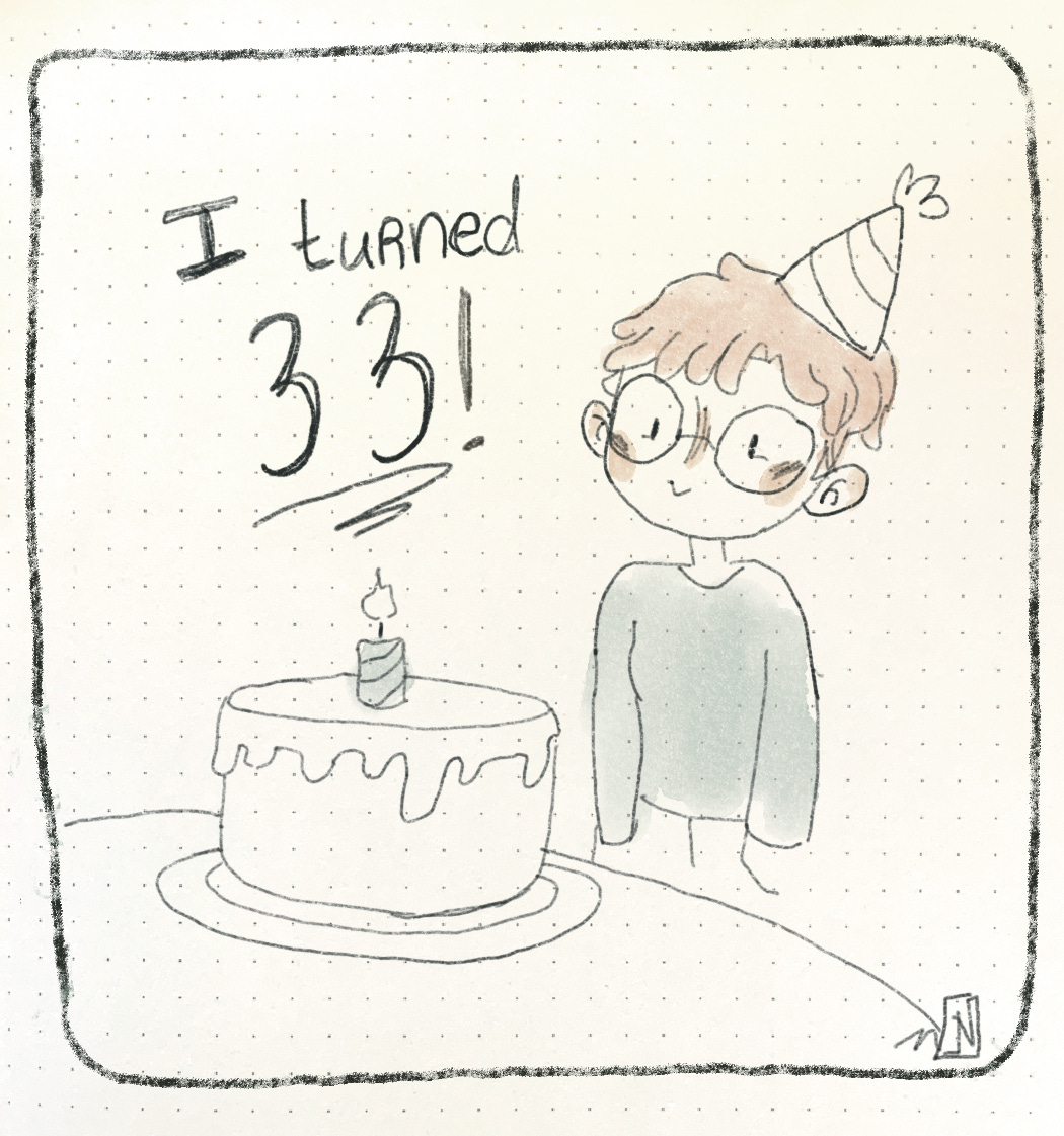 a drawing of Nicki in front of a birthday cake. It says "I turned 33!"