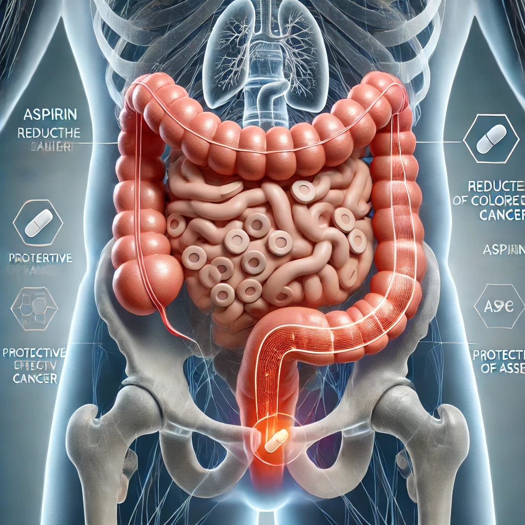 A detailed and informative illustration focusing on the concept of aspirin reducing the risk of colorectal cancer. The image should depict a conceptual visualization of the human colon with visual elements representing the protective effect of aspirin. Incorporate subtle visual cues like aspirin tablets or a protective barrier within the colon, without using any text, alphabets, or numbers. The overall style should be medical and professional, with a focus on clarity and conveying the health-related theme effectively.