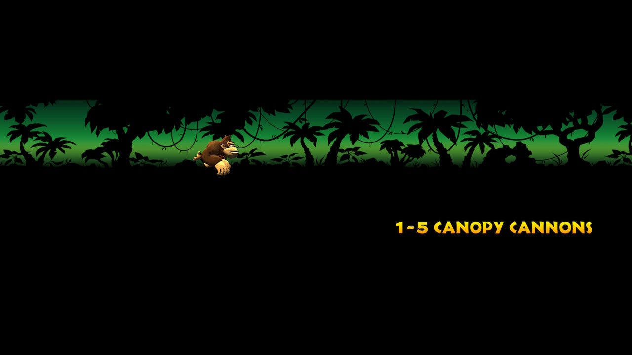 DKCR loading screen. Donkey Kong runs through a silhoutted background.