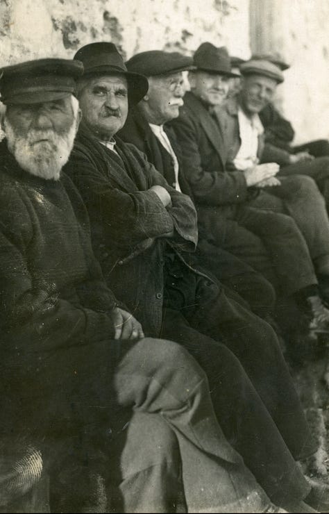 Images from the the Museum of Cornish Life's photographic collection, used with permission. 1. “Cornish fishermen on a bench, Salt Cellar Hill, Porthleven, 1920s-1930s.” 2. “Seagulls by Fishing Boat, Cadgwith, 1928” Photographer Dyott Darwell, Helston. 3. “Pilchard Seining at Gunwalloe, 1890” A huer with bushes is signalling the location of the shoals of pilchards to the seine boats out at sea. 4. “Fishing at Gunwalloe, 1899” 5. Cornish Fishermen at Mevagissey, about 1920 Two Cornish fishermen in conversation with a young lady.
