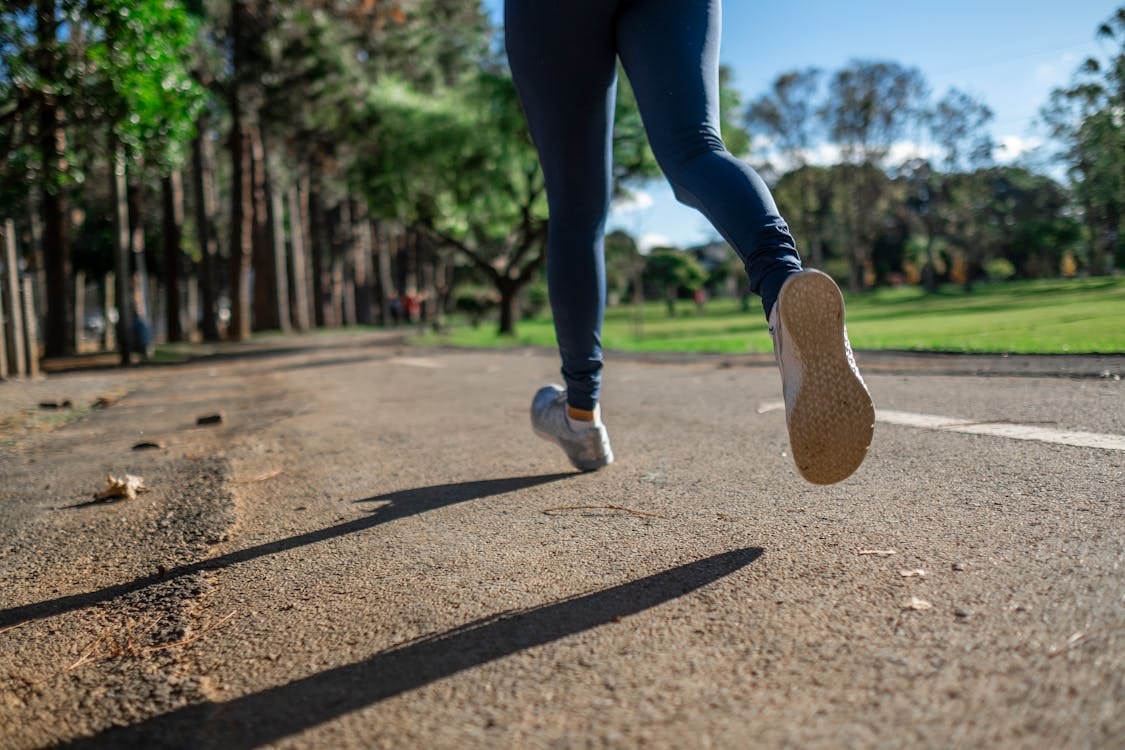 Free A woman running outdoors on a sunny day along a scenic park trail, focusing on fitness and health. Stock Photo Free A woman running outdoors on a sunny day along a scenic park trail, focusing on fitness and health. Stock Photo