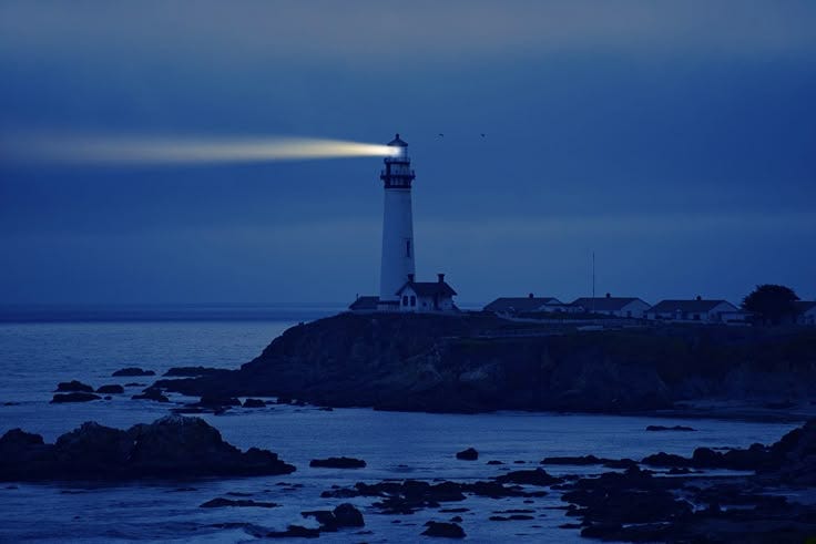 This may contain: the light house is lit up at night on the rocky shore by the water's edge