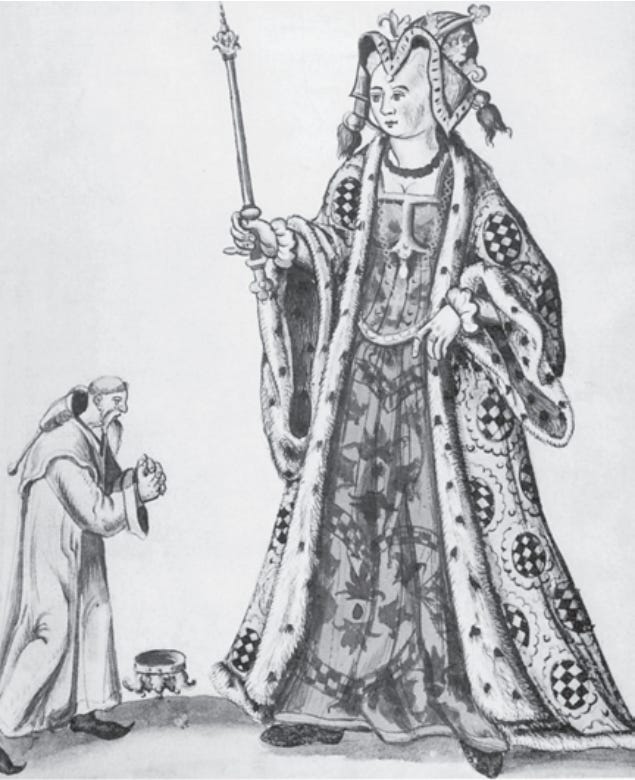 Margrethe defeating Albrecht to take Sweden, taken from https://en.wikipedia.org/wiki/Albert,_King_of_Sweden#/media/File:King_Albrecht_begs_Queen_Margaret_for_Mercy.png