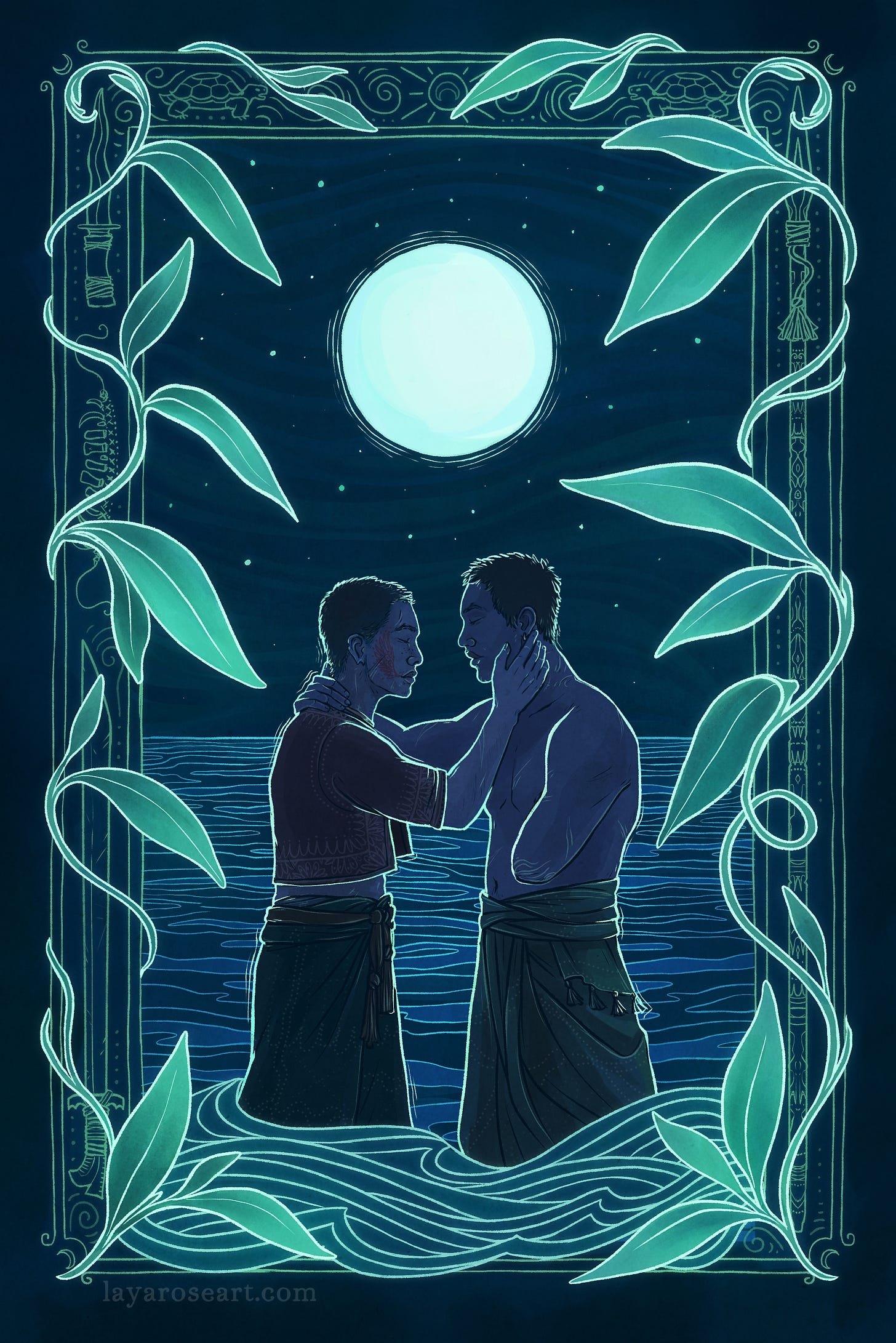 Illustration in green and blue tones, of two young men facing each other, a hand on a cheek and on the back of a neck, eyes closed. They are both in loose pants and have shaved dark hair. The boy on the left has a short jacket, and red wing tattoo on his cheek. The boy on the right has a missing left arm and no shirt. They are are in front of a stylised ocean pattern and big round moon in the night sky, and framed by a light teal lineart frame surrounded by light green leafy vines. The frame has lineart drawings of a sword, bone necklace, on the left, a spear on the right, and two tortoises at the top. there is a watermark at the bottom reading layaroseart.com Illustration in green and blue tones, of two young men facing each other, a hand on a cheek and on the back of a neck, eyes closed. They are both in loose pants and have shaved dark hair. The boy on the left has a short jacket, and red wing tattoo on his cheek. The boy on the right has a missing left arm and no shirt. They are are in front of a stylised ocean pattern and big round moon in the night sky, and framed by a light teal lineart frame surrounded by light green leafy vines. The frame has lineart drawings of a sword, bone necklace, on the left, a spear on the right, and two tortoises at the top. there is a watermark at the bottom reading layaroseart.com