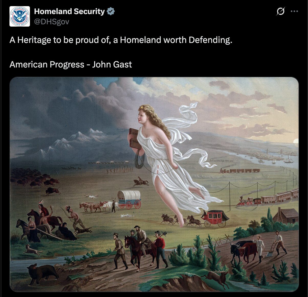 A tweet from the official DHS account that depicts John Gast's painting American Progress that is widely seen as a white supremacist depiction of Manifest Destiny.