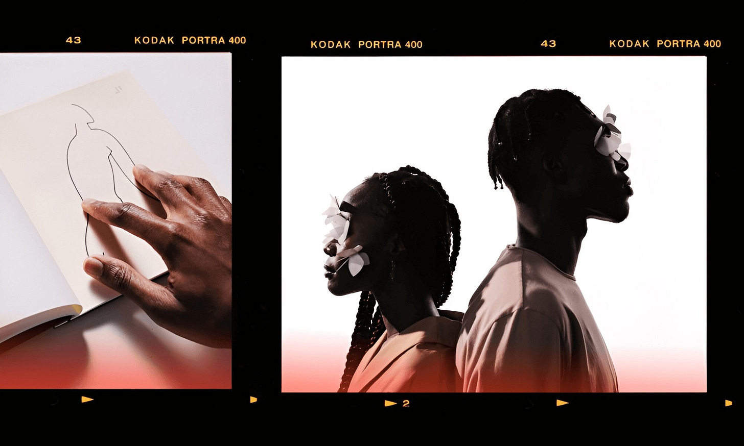 Two high-contrast film frames set against a black background. The left one shows a close-up of a hand tracing a line sketch of a human body. The right one features a man and woman in profile, standing back-to-back; their eyes are obscured by delicate white paper butterfly cutouts, suggesting a state of masked or internal vision. Part of the Overtones series at The Subtext Review.