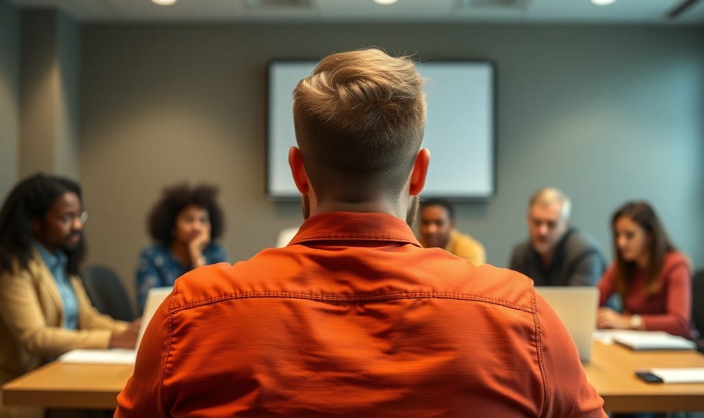 Back of a neurodivergent man leading a meeting with this team in a conference room. AuDHD autism ADHD burnout recovery