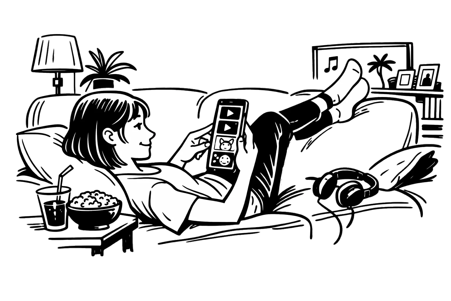 Dívka v pohodlné poloze na pohovce prochází na mobilu nekonečnou nabídku obsahu na sociální síti. (generovaná kresba) Dívka v pohodlné poloze na pohovce prochází na mobilu nekonečnou nabídku obsahu na sociální síti. (generovaná kresba)