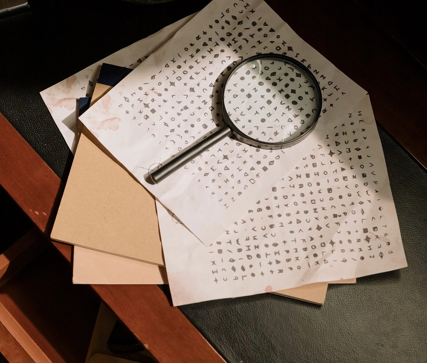 Magnifying eye glass on top of some sheets of paper with coded symbols Magnifying eye glass on top of some sheets of paper with coded symbols