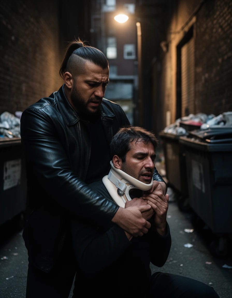 Albanian mobster with pony tail beating a man in a neck brace Albanian mobster with pony tail beating a man in a neck brace