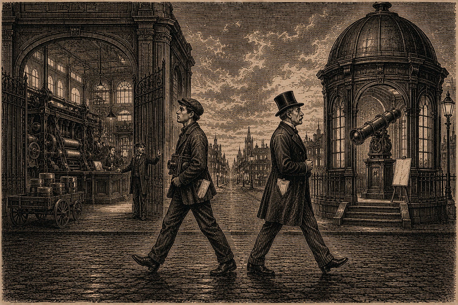 Wood-engraving editorial illustration in the Thomas Nast Harper's Weekly style for Attention Capital's essay YouTube Already Chose Not to Be Hollywood, Section V: The Category Error's Bill. Two figures pass each other on a city street without a glance: a young creator strides past the open, welcoming gates of the studio system's conversion machinery, while an older studio man strides past a free public counting instrument, each with an unpaid bill folded in his pocket. The image argues that the war narrative costs both sides: creators leave Hollywood's monetization infrastructure on the table while studios leave YouTube's free demand measurement unread. Keywords: creator economy infrastructure, studio demand measurement, category error, media finance, attention capital.