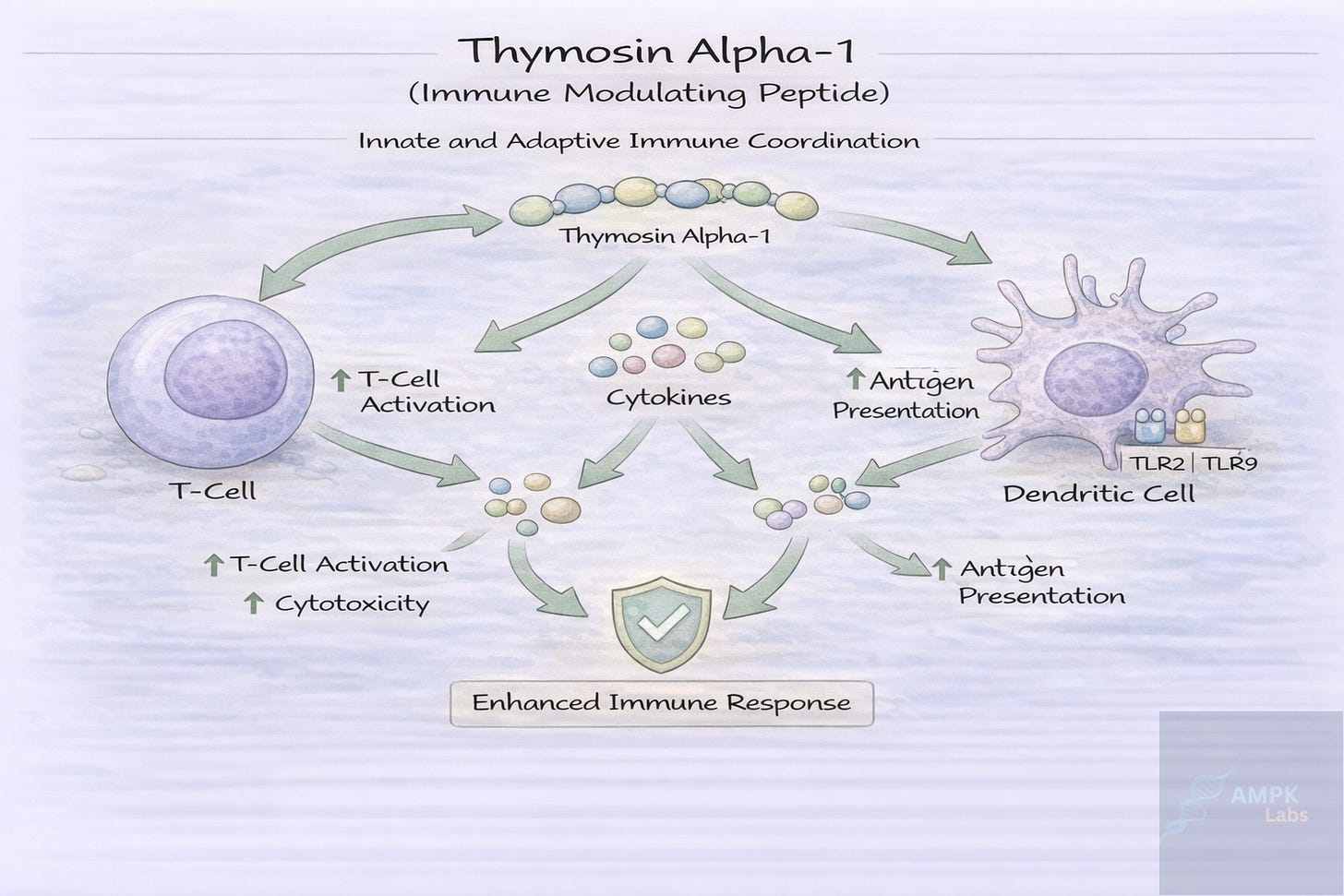 **Alt text:** Hand drawn scientific diagram showing Thymosin Alpha-1 immune signaling, where the peptide interacts with T-cells and dendritic cells via TLR2 and TLR9, enhancing cytokine signaling, antigen presentation, and overall immune response coordination.