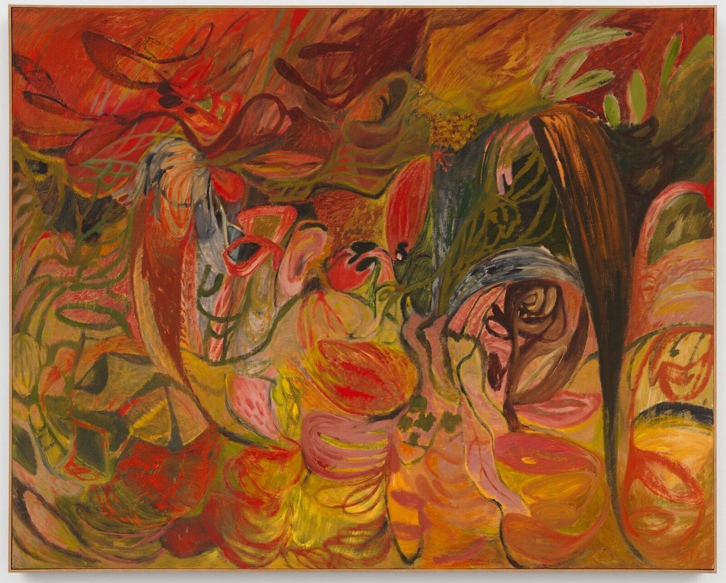 Soumya Netrabile, Prairie Syncopation, 2026. Dense oil painting in reds, oranges and yellows, brushwork massing into foliage-like forms pressed to the front of the canvas.
