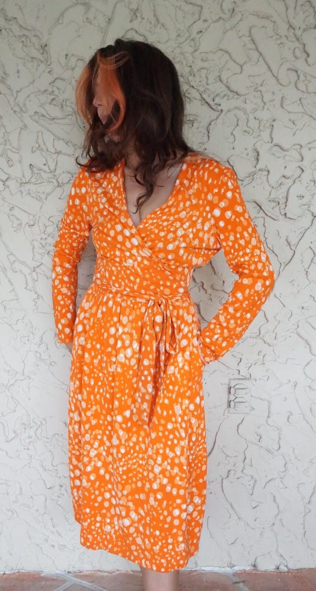 VINTAGE 1970s DIANE VON FURSTENBERG ORANGE POLKA DOT WRAP DRESS