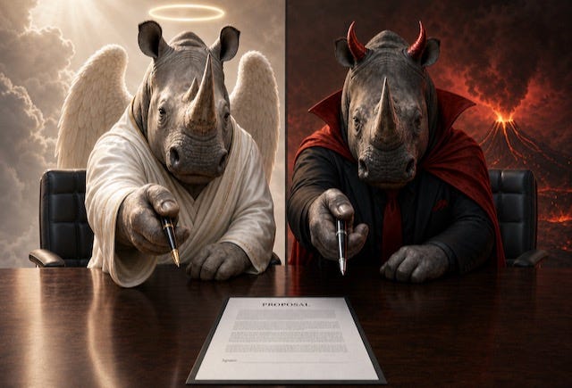 An angel rhino and a devil rhino sitting behind a table offering pens to sign a proposal on the table in front of them.