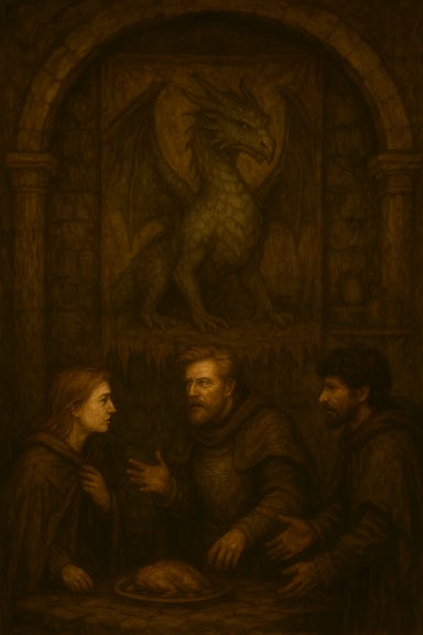 Inside the ruined hall of Argynvostholt, the adventuring party stands beneath the faded tapestry of Argynvost. The tapestry looms above the central arch, depicting the great silver dragon with wings unfurled and smoky gray eyes that seem to pierce into the viewer. Below, Fleetwood (reminiscent of Richard Armitage) stands with sword lowered, Clarion (reminiscent of Gwendoline Christie with black hair) gazes upward in reverence, Silverleaf (reminiscent of Tatiana Maslany) clutches a raven feather, Felonious (reminiscent of Ben Whishaw) sketches sigils in chalk, Greegan (reminiscent of Matt Ryan) mutters to his bone dice, Ireena (reminiscent of Thomasin McKenzie with red hair) holds the spirit mirror, and Arabelle (reminiscent of Cailee Spaeny) kneels with a sprig of lavender. The hall is cracked and cobwebbed, with moonlight filtering through broken windows. The atmosphere is reverent, tense, and mythic.