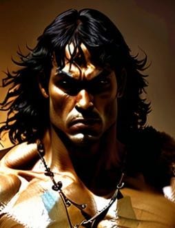 Argan the Warrior, head and shoulders shot, long black hair, dark foreboding eyes, stern Argan the Warrior, head and shoulders shot, long black hair, dark foreboding eyes, stern