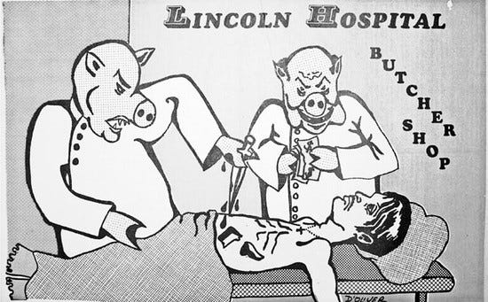 Cartoon illustrating conditions in Lincoln Hospital  by Denise Oliver in Young Lords newspaper Palante, 17 July 1970, volume 2, number 7.