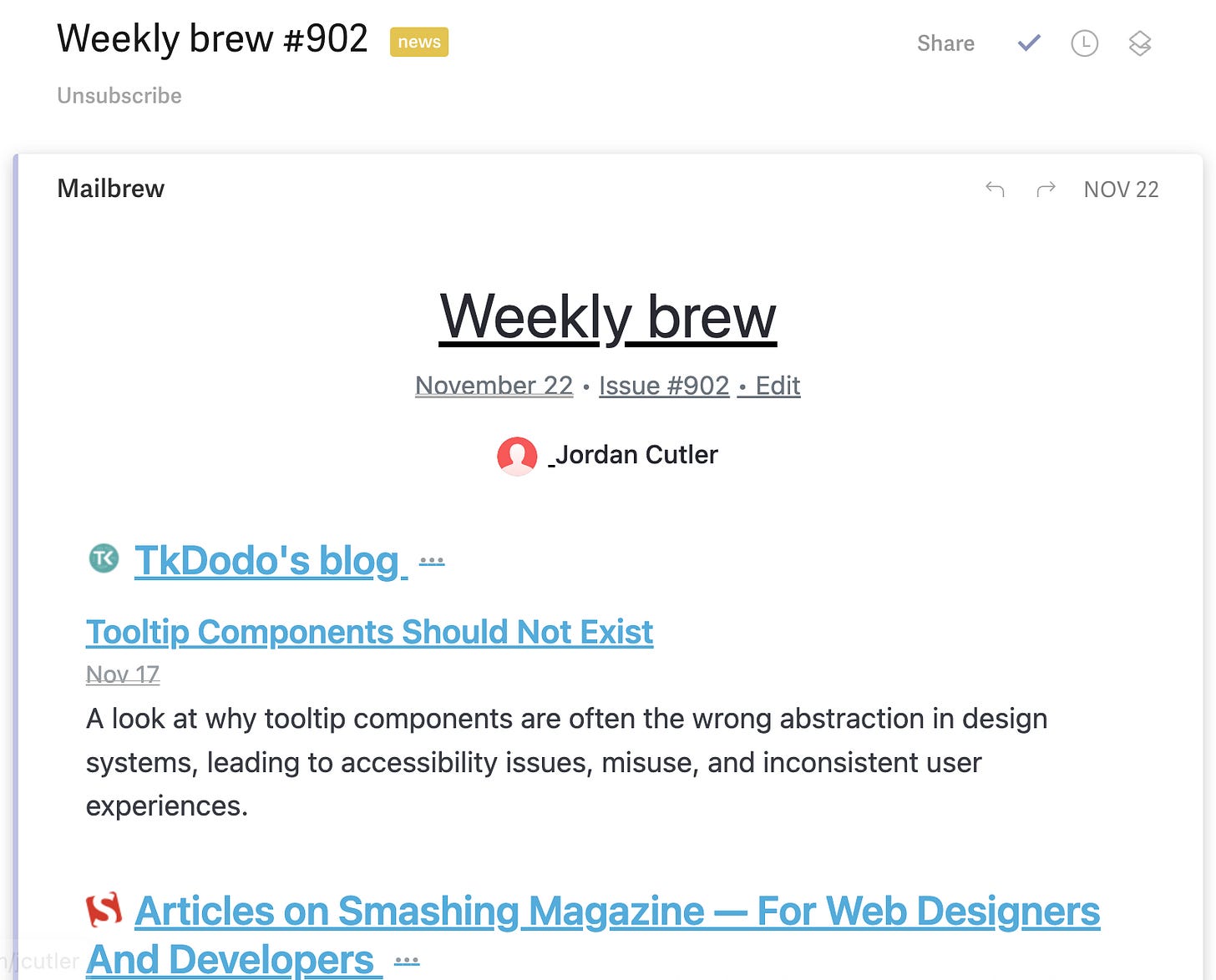 Weekly brew grouping of emails