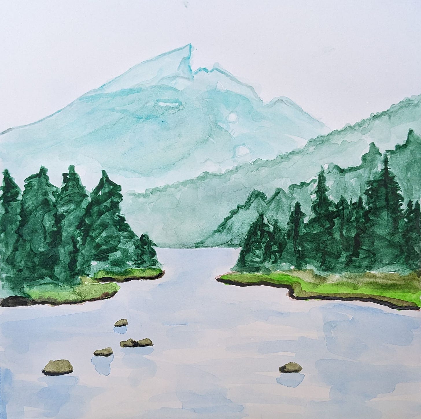 A watercolor painting of a lake surrounded by trees and a mountain in the background