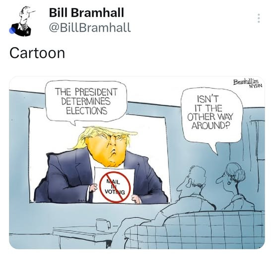 May be an image of text that says 'Bill Bramhall @BillBramhall Cartoon THE PRESIDENT DETERMINES ELECTIONS Branhall'25 NYDN ISN'T IT THE OTHER WAY AROUND? 元 AIL AIL VOTING G VOT'