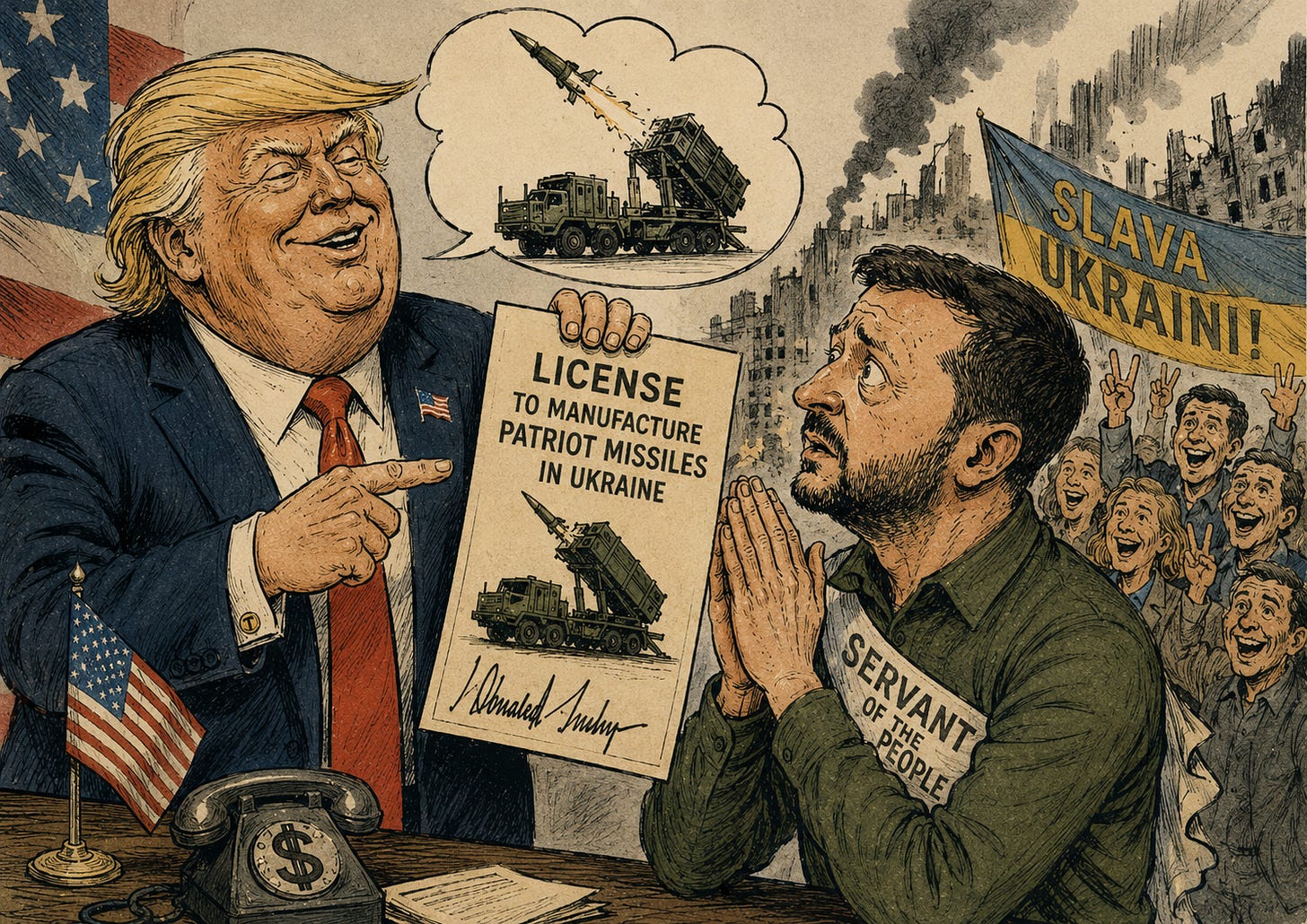 Political cartoon in the style of the Soviet satirical magazine Krokodil. On the left, Donald Trump, drawn with exaggerated features and a broad grin, presents Volodymyr Zelensky with a document reading "License to Manufacture Patriot Missiles in Ukraine." A speech bubble shows a Patriot launcher firing a missile. On the right, Zelensky clasps his hands in a pleading gesture and wears a sash labeled "Servant of the People." Behind him, a cheering crowd waves a Ukrainian flag in front of a devastated city. The illustration uses the bold visual language of mid-twentieth-century Soviet political caricature to emphasize the irony of the scene.