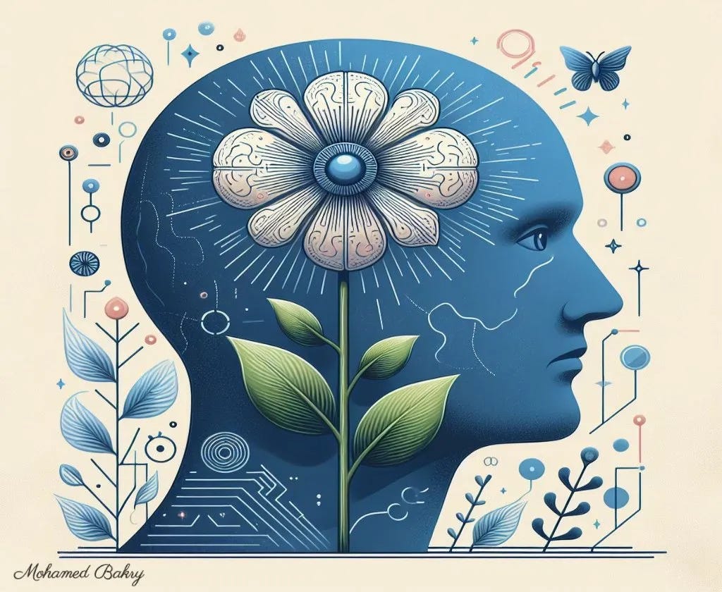 A conceptual illustration representing personal growth, learning, or mental development. It features a stylized human head with a plant, having a brain-shaped flower, growing out of it. The brain flower has rays of light emanating from it, symbolizing enlightenment or ideas. Some other elements in the image could indicate thought processes, organized information, or progress.
