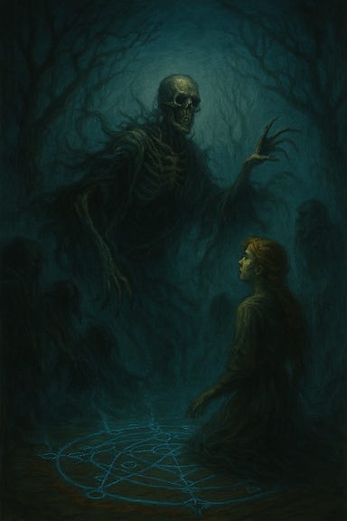 The gallows speaker formed from Leo Dilisnya looms in the Border Ethereal, a spectral figure twisted by betrayal and injustice. Its form is tall and gaunt, draped in tattered execution robes that flicker like smoke. The face is obscured by a noose-tight hood, but faint traces of Leo’s features remain—eyes hollow, mouth frozen in a silent scream. Chains trail from its limbs, dragging across the frost-blue mist. Around it, fragments of memory swirl—burning letters, broken seals, and the echo of a name spoken in fear. The atmosphere is haunting, necrotic, and charged with sorrow and accusation.
