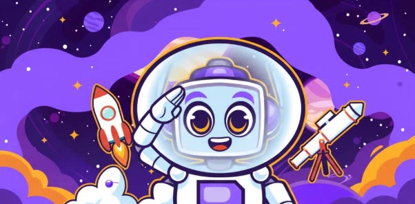 Neuralbuddy character in a space helmet giving an adventurous salute, with a rocket launching and a telescope, against a cosmic background with planets and stars.